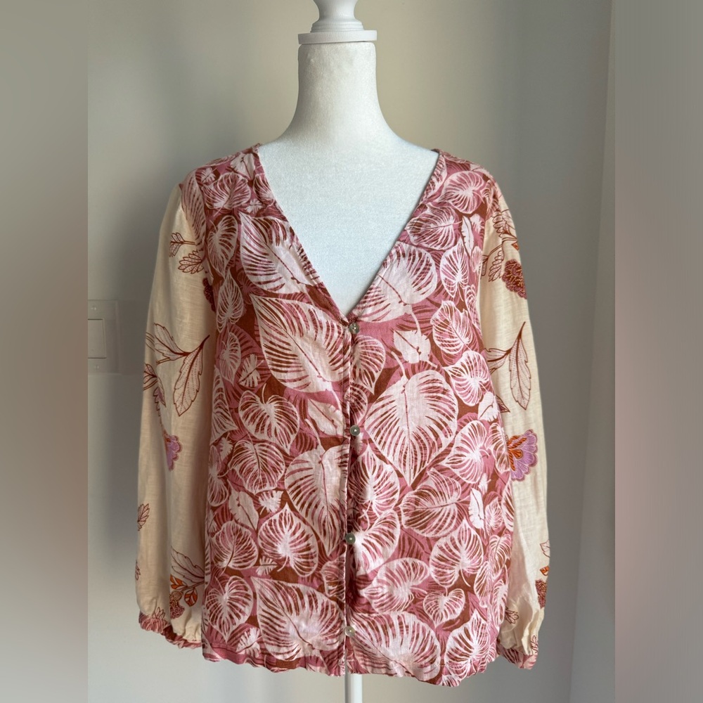 Tahari 100% Linen Boho Mixed Floral Leaf Printed Long Sleeve Button Down Blouse